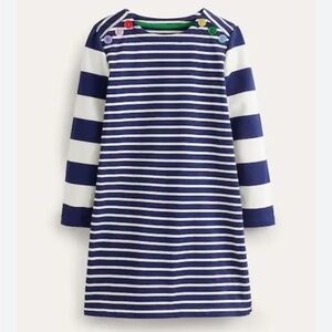 NWT Mini Boden Blue Fun Breton 100% Cotton Striped Blue/White Dress Sz 11-12 *M